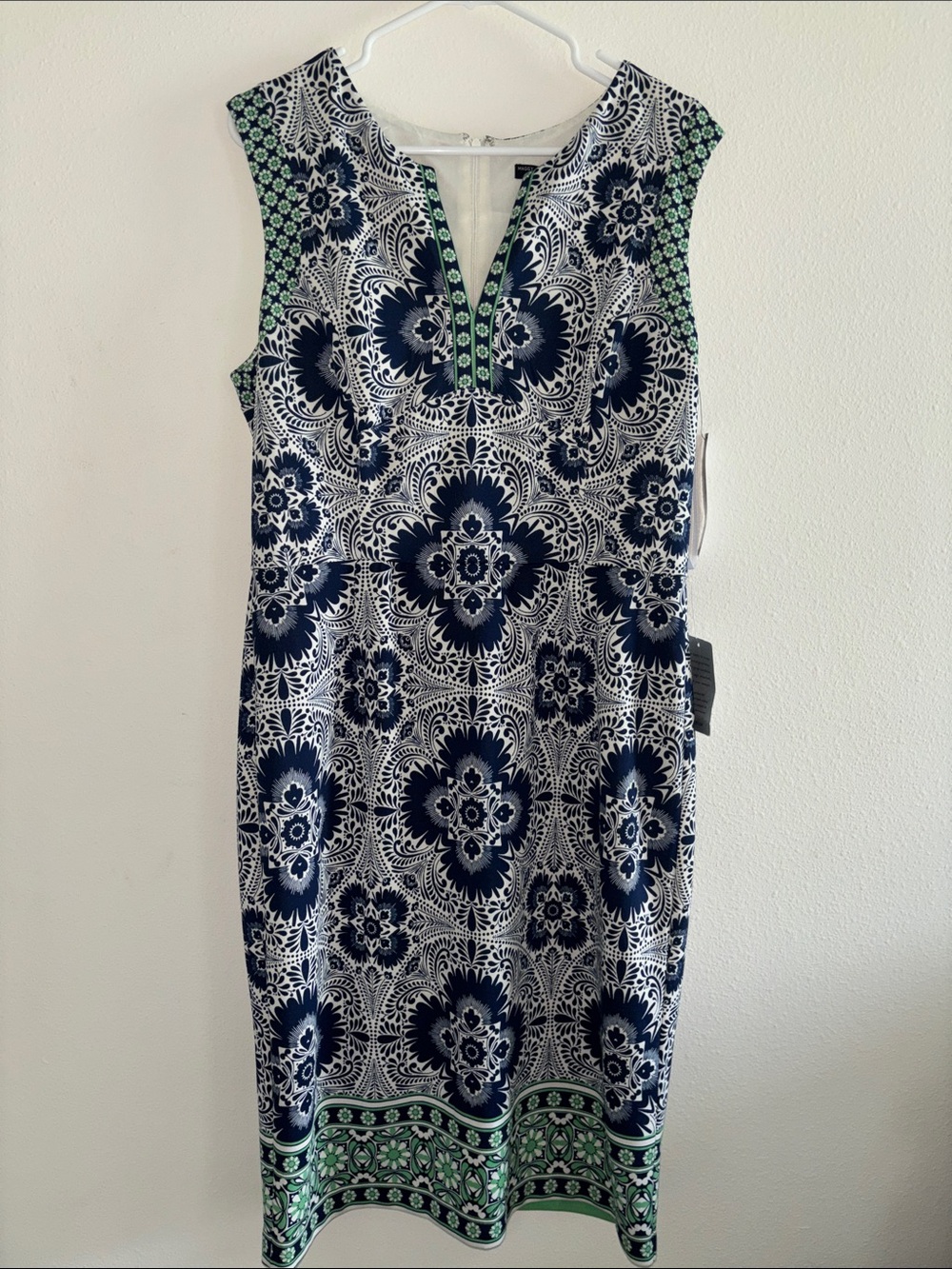 Maggy London Navy, White & Green Printed Midi Dress